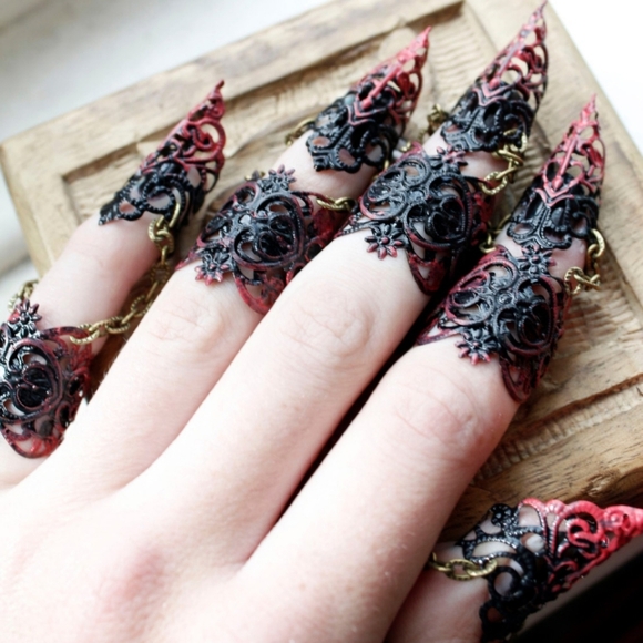 Ebony Armor - Full hand set Claw Rings Red and Black - Gothic Sz med-large 5 pcs - Picture 8 of 14